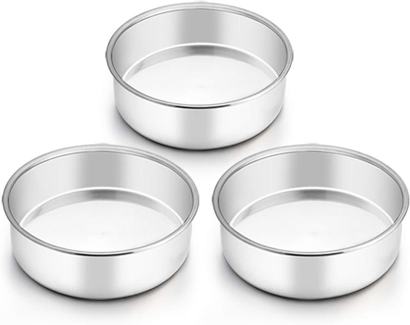 TeamFar 6 Inch Cake Pan, Round Cake Pan Tier Baking Pans Set Stainless Steel, Fit in Pot Pressure Cooker Air Fryer, Healthy & Toxic Free, Mirror Finish & Sturdy, Oven & Dishwasher Safe - Set of 3 - Image 1