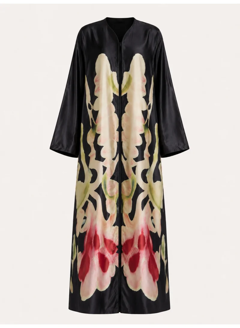 Amnad International Luxury Printed Silk Abaya for Women with Matching Hijab - Floral Art Print Maxi Kaftan, Sizes 52-60 inches