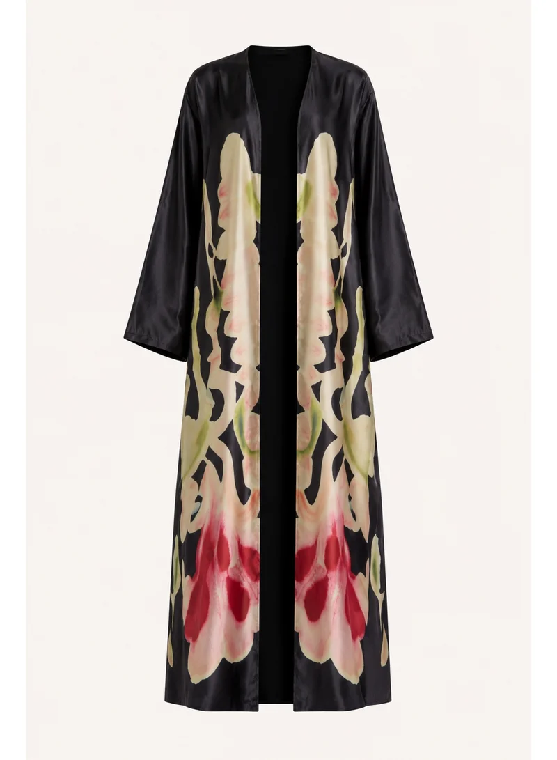Amnad International Luxury Printed Silk Abaya for Women with Matching Hijab - Floral Art Print Maxi Kaftan, Sizes 52-60 inches
