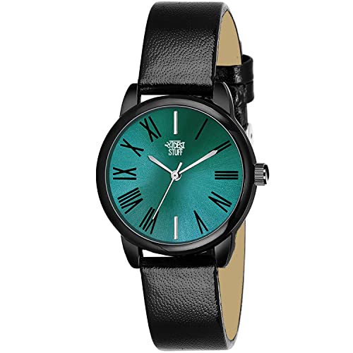 SWADESI STUFF Leather Analogue Girl's & Women Watch (Green Dial Black Colored Strap), Green Band - Image 1