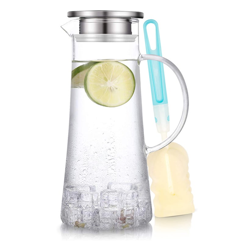 susteas SUSTEAS 15 Liter 51oz Glass Pitcher with Lid Easy Clean Heat Resistant Glass Water Carafe with Handle for HotCold Beverages  Water Cold Brew Iced Tea  Juice With 1 LongHandled Brush Included 
