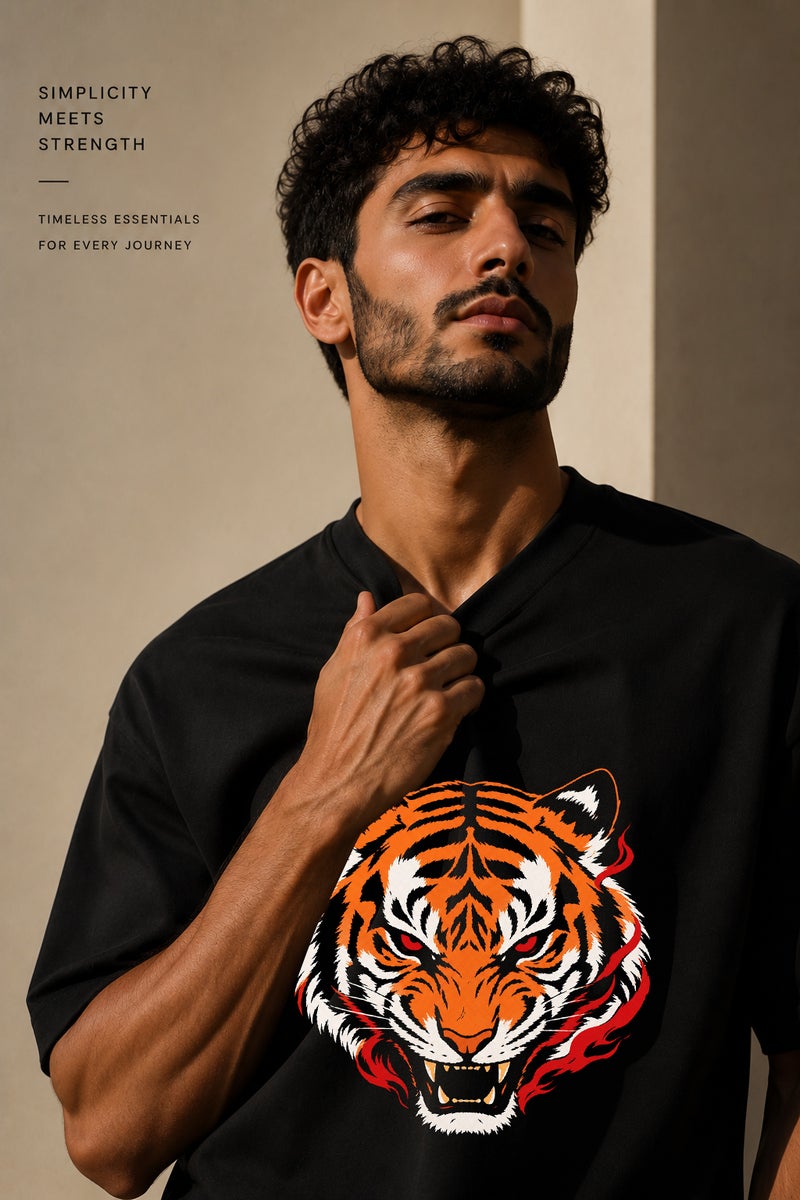 Men's Oversized Black Tiger Graphic T-Shirt Casual Short Sleeve Crew Neck Streetwear Tee - Image 5