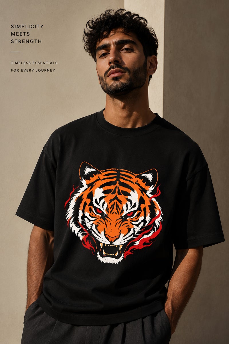 Men's Oversized Black Tiger Graphic T-Shirt Casual Short Sleeve Crew Neck Streetwear Tee - Image 1