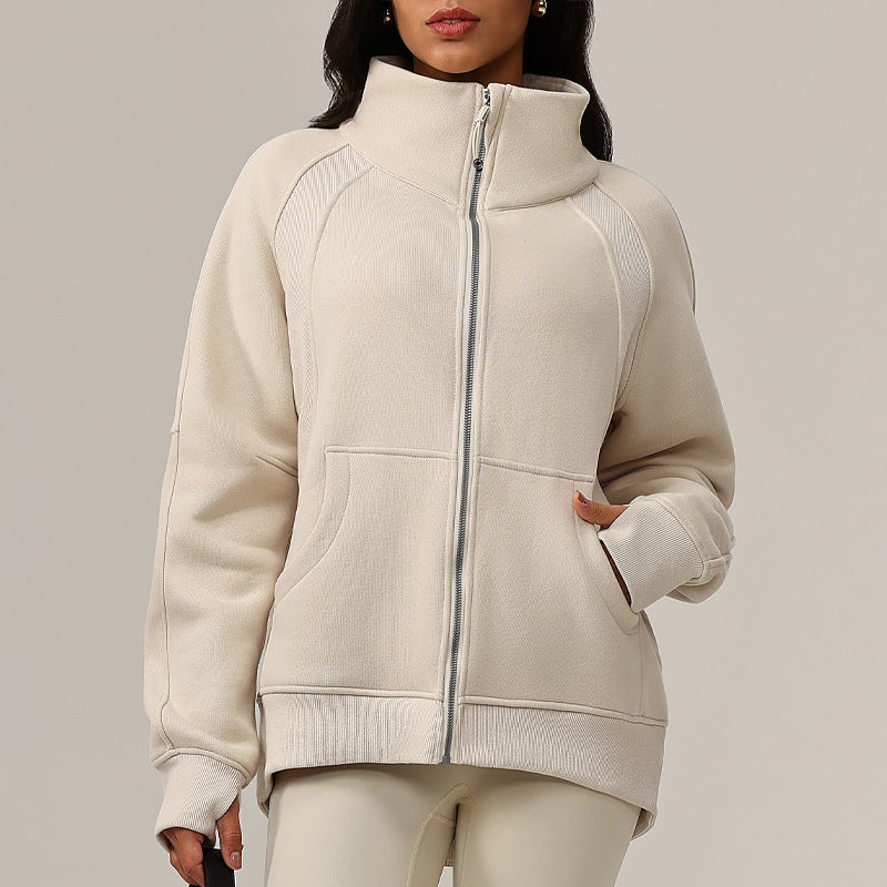 Thickened Fleece Hoodie Womens Warm Yoga Jacket Autumn Winter Bone white 