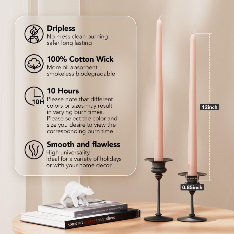 Pickood 12-Inch Tall Dripless Taper Candles Set of 4 - Pearl Pink Tapered Candles, Perfect for Christmas - Smokeless, Unscented, Long Burning - Hand Poured, Colored Tall Candlesticks - Rosa Perla - Image 2