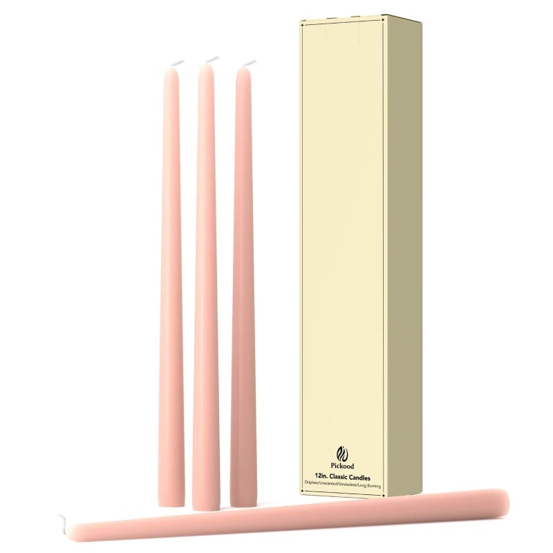 Pickood 12-Inch Tall Dripless Taper Candles Set of 4 - Pearl Pink Tapered Candles, Perfect for Christmas - Smokeless, Unscented, Long Burning - Hand Poured, Colored Tall Candlesticks - Rosa Perla - Image 1