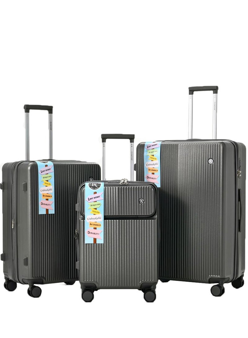 PK 3 PCS TROLLEY LUGGAGE FRONT OPEN POLY CARBON MATERIAL, LUGGAGE SUITCASE SET AND CABIN LUGGAGE BAG SET GREY COLOUR - Image 1