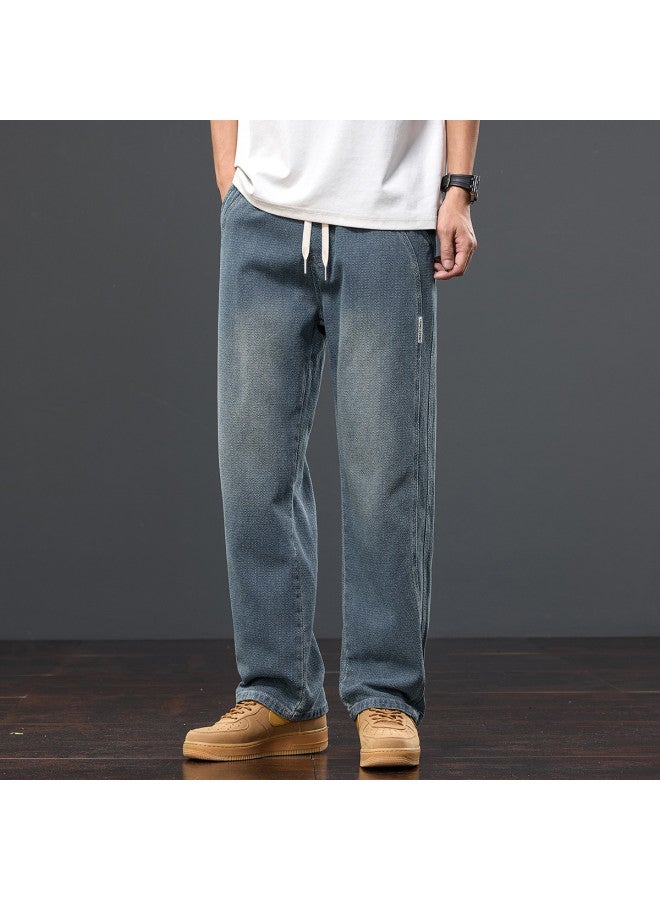 TonLion Spring Elastic Waist Drawstring Solid Color Jeans Men's Casual Korean Style Versatile Straight Leg Pants - Image 3
