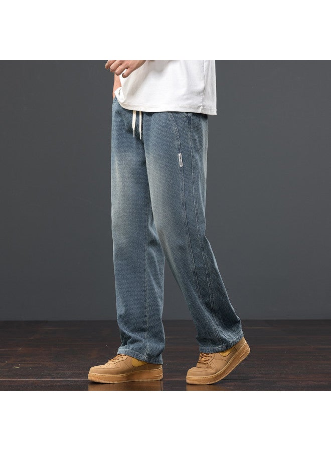 TonLion Spring Elastic Waist Drawstring Solid Color Jeans Men's Casual Korean Style Versatile Straight Leg Pants - Image 5