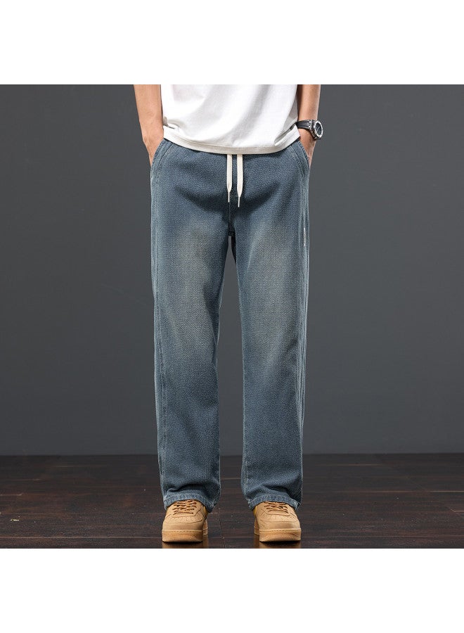 TonLion Spring Elastic Waist Drawstring Solid Color Jeans Men's Casual Korean Style Versatile Straight Leg Pants - Image 4