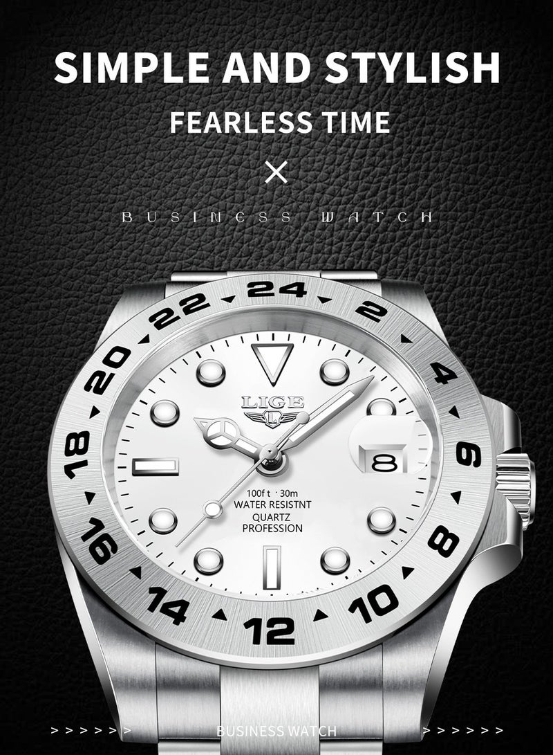 لييج ​​ساعة ليجي الكوارتز الكلاسيكية للرجال - هيكل فضي مع قرص أبيض، تصميم ثلاثي العقارب، شاشة مضيئة، وظيفة التاريخ، مقاومة للماء حتى 30 متر، ستايل بسيط عصري للعمل والاستخدام اليومي​​ - Image 2