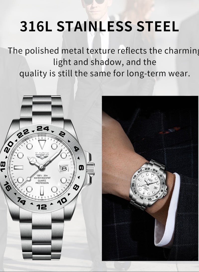 لييج ​​ساعة ليجي الكوارتز الكلاسيكية للرجال - هيكل فضي مع قرص أبيض، تصميم ثلاثي العقارب، شاشة مضيئة، وظيفة التاريخ، مقاومة للماء حتى 30 متر، ستايل بسيط عصري للعمل والاستخدام اليومي​​ - Image 3