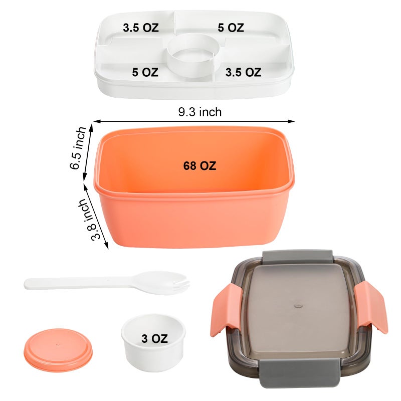Youeon 3 Pcs 68 Oz Salad Lunch Container with 4 Compartment Tray, Bento Lunch Box with Spoon & Dressing Cup, Leakproof Salad Container for Lunch, Salad Toppings, Snacks, Fruits, BPA-Free - Image 2