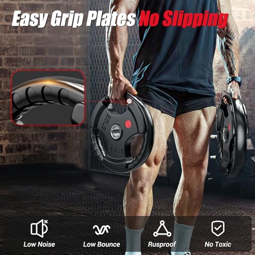 Gikpal Olympic Weight Plates, 2-Inch Three-Grip Rubber Coated Barbell Plates with Steel Hub, Cast Iron Weights for Strength Training & Home Gym, Pair or Sets (2.5–45LB) - Image 4