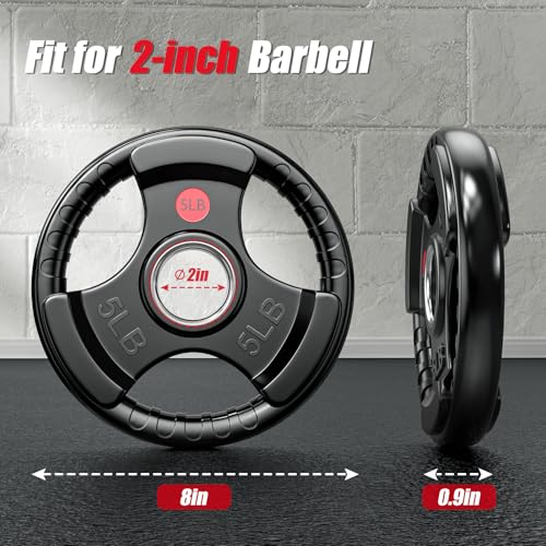 Gikpal Olympic Weight Plates, 2-Inch Three-Grip Rubber Coated Barbell Plates with Steel Hub, Cast Iron Weights for Strength Training & Home Gym, Pair or Sets (2.5–45LB) - Image 2