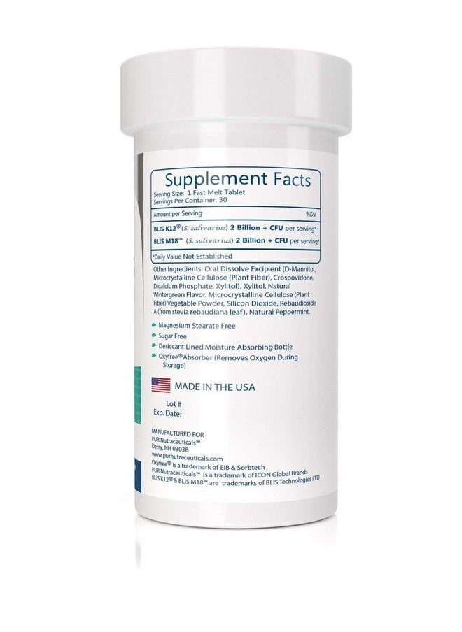 PUR Nutraceuticals - Clinical Grade Oral Probiotics * 4 Billion Cfus Of Blis K12® & Blis M18® * Sugar Free * Natural Peppermint Flavoring * 100% Made In The Usa * Eliminates Bad Breath/Halitosis - Image 1