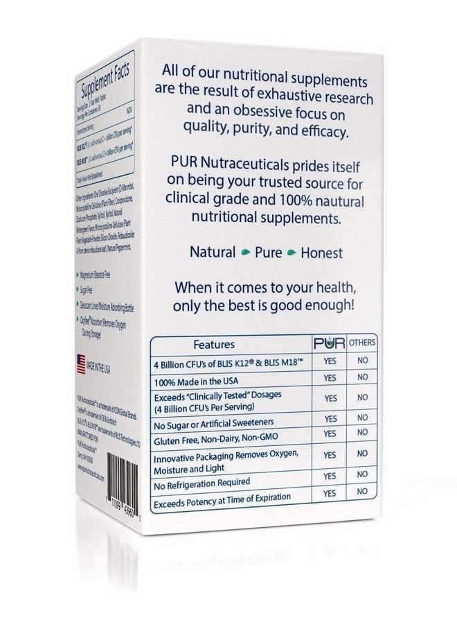 PUR Nutraceuticals - Clinical Grade Oral Probiotics * 4 Billion Cfus Of Blis K12® & Blis M18® * Sugar Free * Natural Peppermint Flavoring * 100% Made In The Usa * Eliminates Bad Breath/Halitosis - Image 1