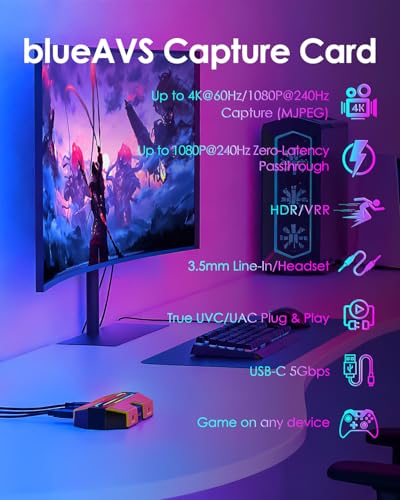 BlueAVS HDMI Video Capture Card for Game Streaming, 4K 60Hz HDR VRR ALLM Passthrough, 1080P 240Hz, USB-C External Capture Card for PS5, Xbox Series X/S, Switch, Compatible with PC Mac, OBS Streamlabs - Image 3