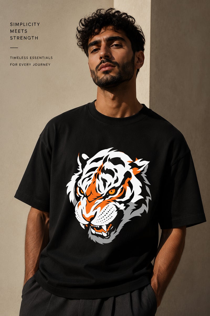 Men's Oversized Black Tiger Graphic T-Shirt Casual Short Sleeve Crew Neck Streetwear Tee - Image 1