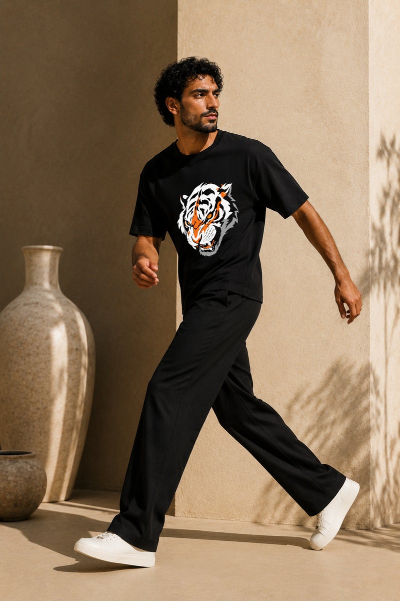 Men's Oversized Black Tiger Graphic T-Shirt Casual Short Sleeve Crew Neck Streetwear Tee - Image 3