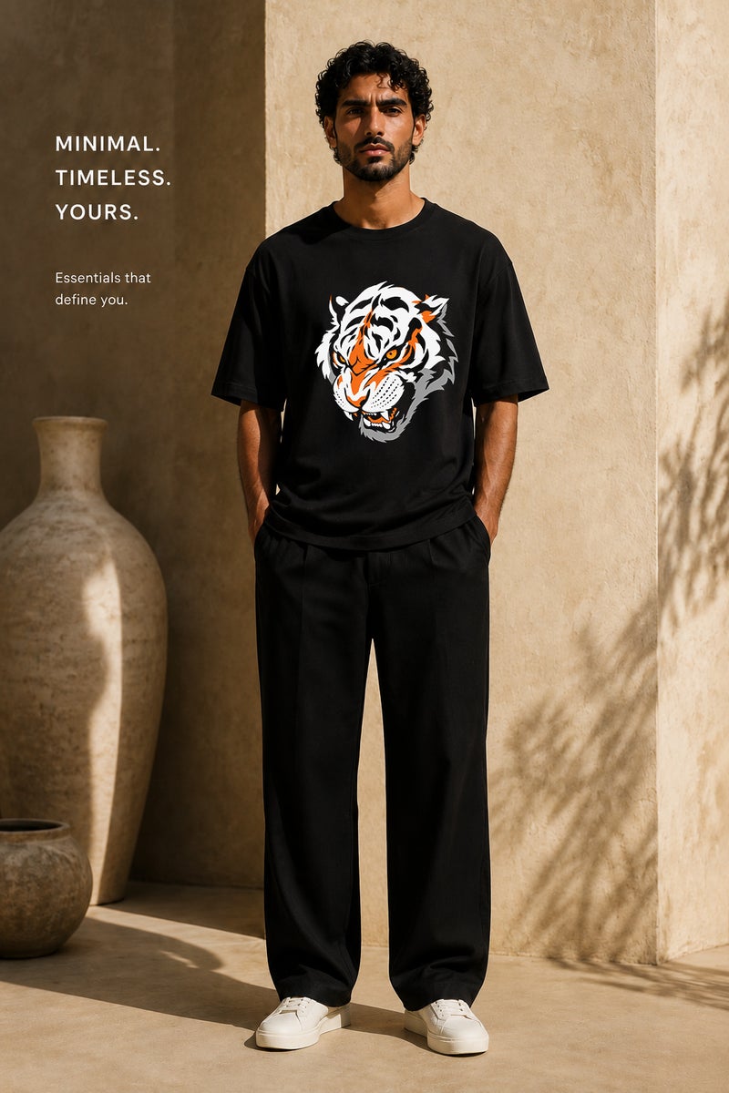 Men's Oversized Black Tiger Graphic T-Shirt Casual Short Sleeve Crew Neck Streetwear Tee - Image 2