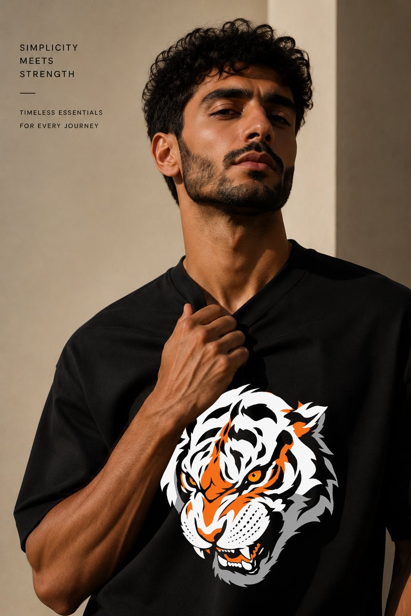 Men's Oversized Black Tiger Graphic T-Shirt Casual Short Sleeve Crew Neck Streetwear Tee - Image 5