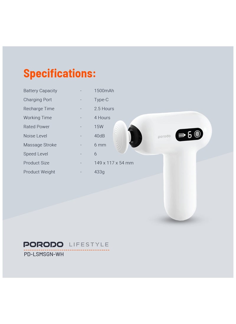 porodo 15W Mini Massage Gun with 4 Head / 4 Hour Working Time / Digital Touch Display / 6 Adjustable Speed / Type-C Charging / Portable & Lightweight - White  - Image 4