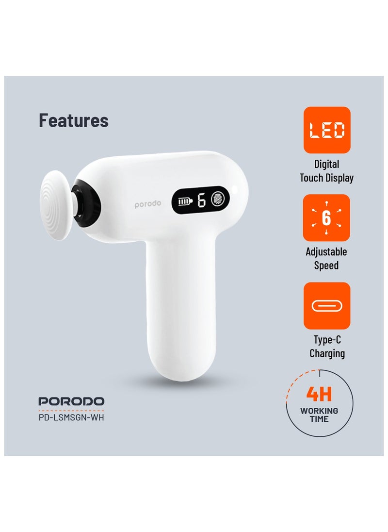porodo 15W Mini Massage Gun with 4 Head / 4 Hour Working Time / Digital Touch Display / 6 Adjustable Speed / Type-C Charging / Portable & Lightweight - White  - Image 5