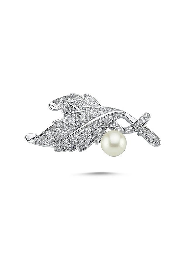 EMNON - 925 Silver-Natural Pearl & CZ Leaf Brooch-High-Quality Jewelry in UAE Dubai 100% Precious Metal Gift for Women-EMNON91BRO-BR82014 - Image 1