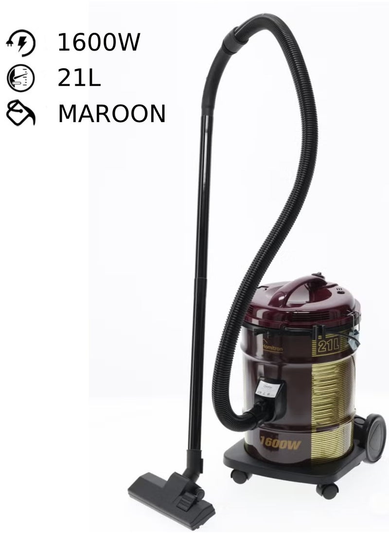 Homitron Vacuum Cleaner, 21L Dust Capacity, Metal Body, Low Noise, Telescopic Tube, Dust Full Indicator, Convenient Handle, 1600W HDV-21L 