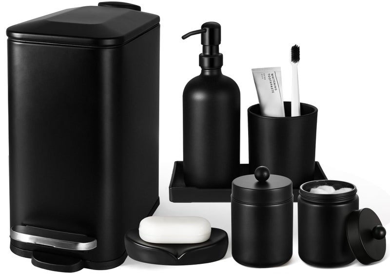 Kasunting Black Bathroom Accessories Set, 7 Pcs Matte Black Bathroom Accessory Set with Trash Can, Soap Dispenser, Toothbrush Holder, Soap Dish, Vanity Tray, Qtip Holder, Modern Bathroom Sets Complete Decor - Image 1