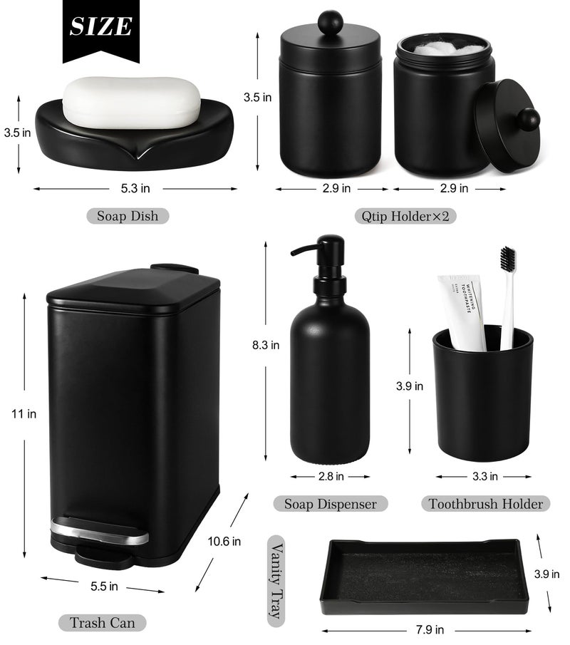 Kasunting Black Bathroom Accessories Set, 7 Pcs Matte Black Bathroom Accessory Set with Trash Can, Soap Dispenser, Toothbrush Holder, Soap Dish, Vanity Tray, Qtip Holder, Modern Bathroom Sets Complete Decor - Image 2