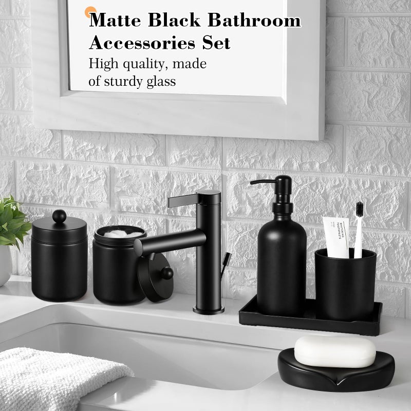 Kasunting Black Bathroom Accessories Set, 7 Pcs Matte Black Bathroom Accessory Set with Trash Can, Soap Dispenser, Toothbrush Holder, Soap Dish, Vanity Tray, Qtip Holder, Modern Bathroom Sets Complete Decor - Image 4