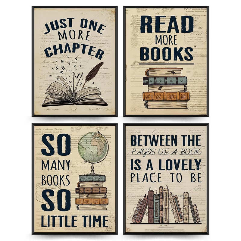 PLKMN Reading Posters for Library Set of 4 - Book Club Decorations Library Decor Book Lovers Gifts Retro Vintage Wall Art for Reading Room Classroom Nursery  12x16 (Unframed) - Image 1