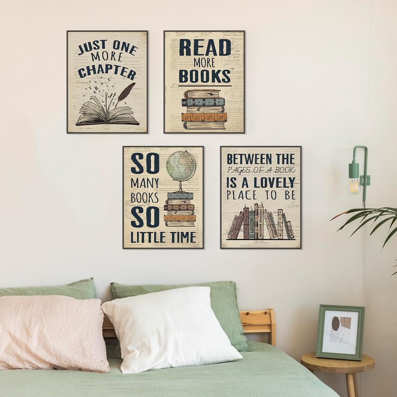 PLKMN Reading Posters for Library Set of 4 - Book Club Decorations Library Decor Book Lovers Gifts Retro Vintage Wall Art for Reading Room Classroom Nursery  12x16 (Unframed) - Image 3