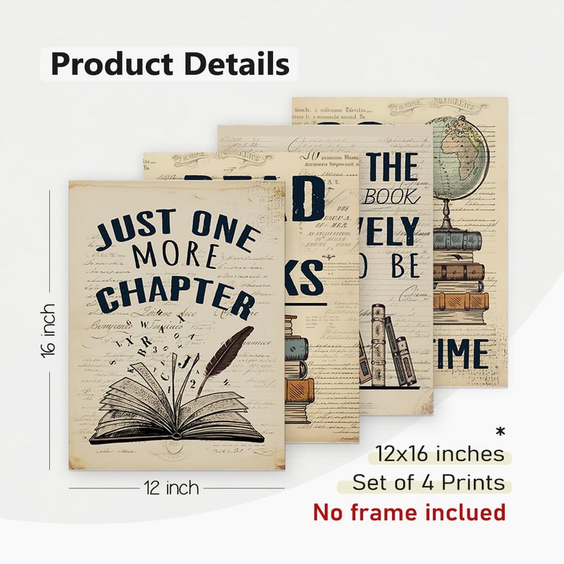 PLKMN Reading Posters for Library Set of 4 - Book Club Decorations Library Decor Book Lovers Gifts Retro Vintage Wall Art for Reading Room Classroom Nursery  12x16 (Unframed) - Image 2