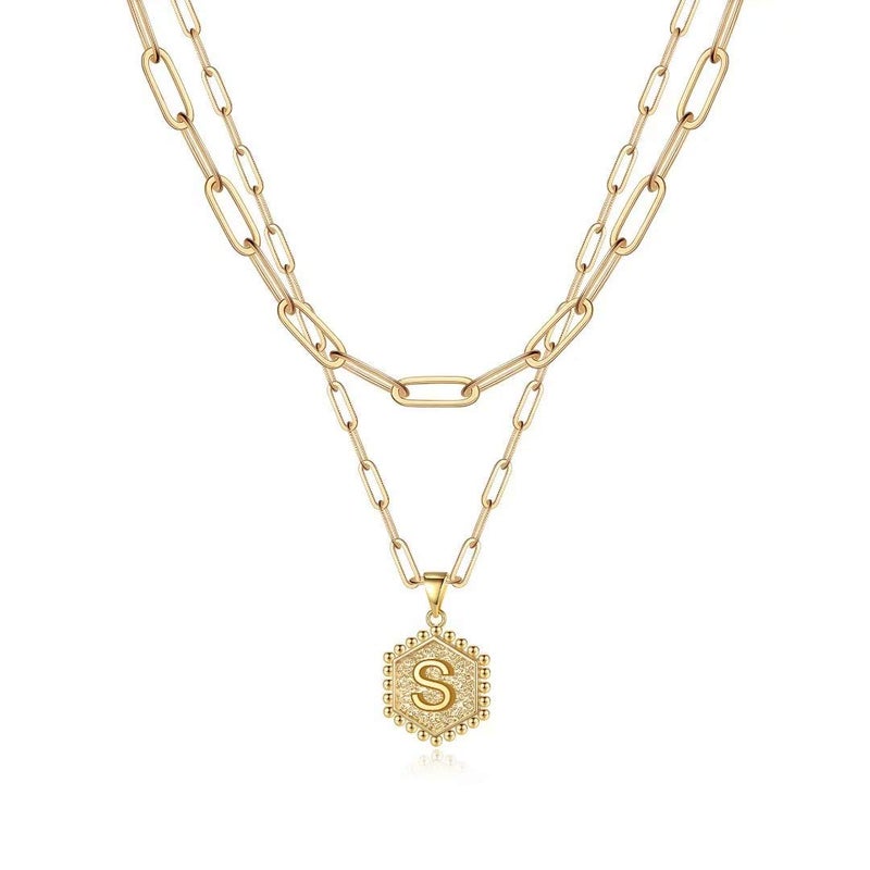 M MOOHAM Gold Necklaces for Women Trendy - Necklaces for Women Cute Hexagon Letter Initial S Necklace Choker Necklaces Dainty Layered Necklaces for Women - Image 1