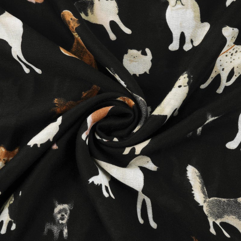 E-Clover Dog Scarf for Women Lightweight Voile Cotton Cute Dog Printed Scarves Winter Spring Fashion Tassels Shawl Wraps Black - Image 4