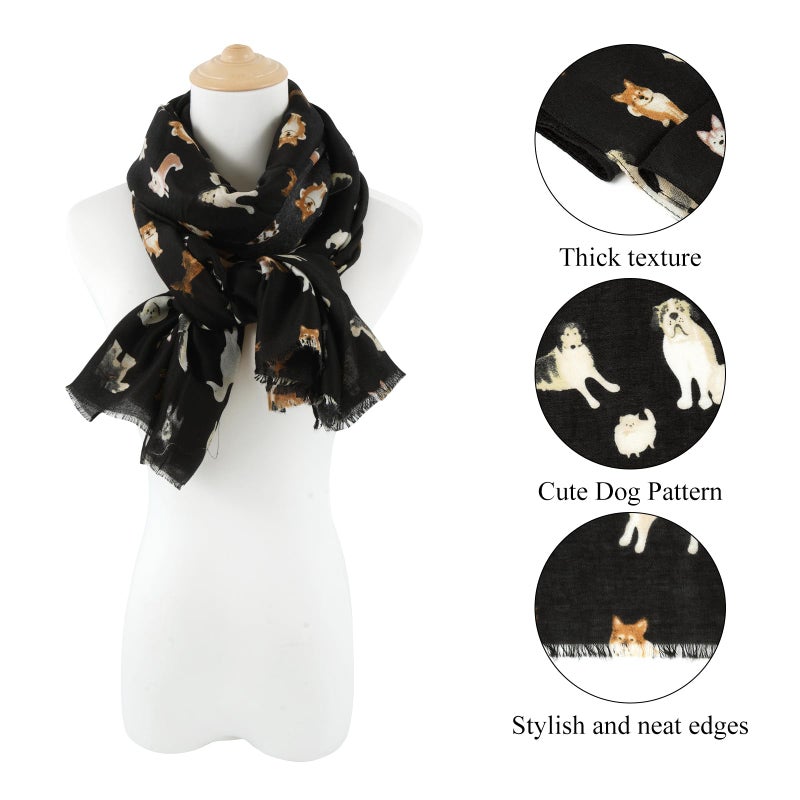 E-Clover Dog Scarf for Women Lightweight Voile Cotton Cute Dog Printed Scarves Winter Spring Fashion Tassels Shawl Wraps Black - Image 2