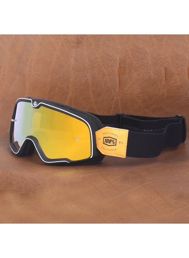 Spot UV Retro Motorcycle Goggles Outdoor Riding Off-Road Helmet Glasses Black Frame Yellow Skin-Red Lens