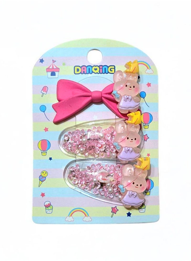 Hair Accessories Set of 3 Hair Clips for Girls – Includes Bow & Princess Bunny Designs (Pink) - Image 1
