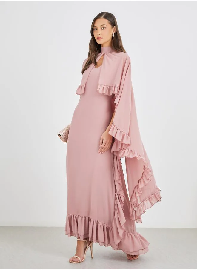 Styli Styli Ruffled Cape Sleeve High Neck Maxi Dress