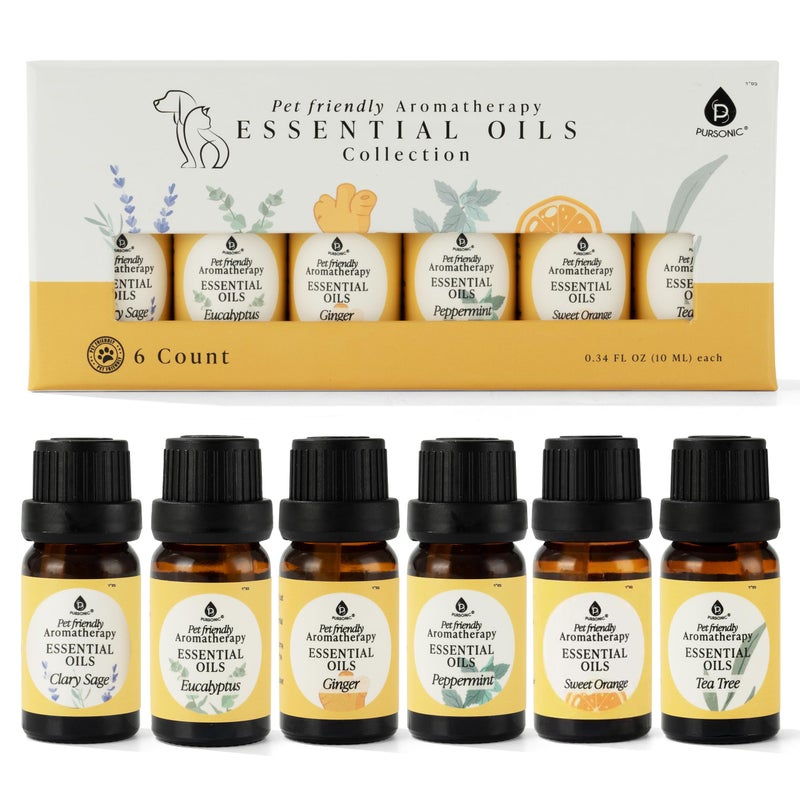 Pursonic Pet-Friendly Aromatherapy Oil Blends, 6-Piece Set with Eucalyptus, Sweet Orange, Peppermint, Clary Sage, Tea Tree, Ginger - Vet-Approved, Pet-Safe Aromatherapy, 10 ML - Image 1