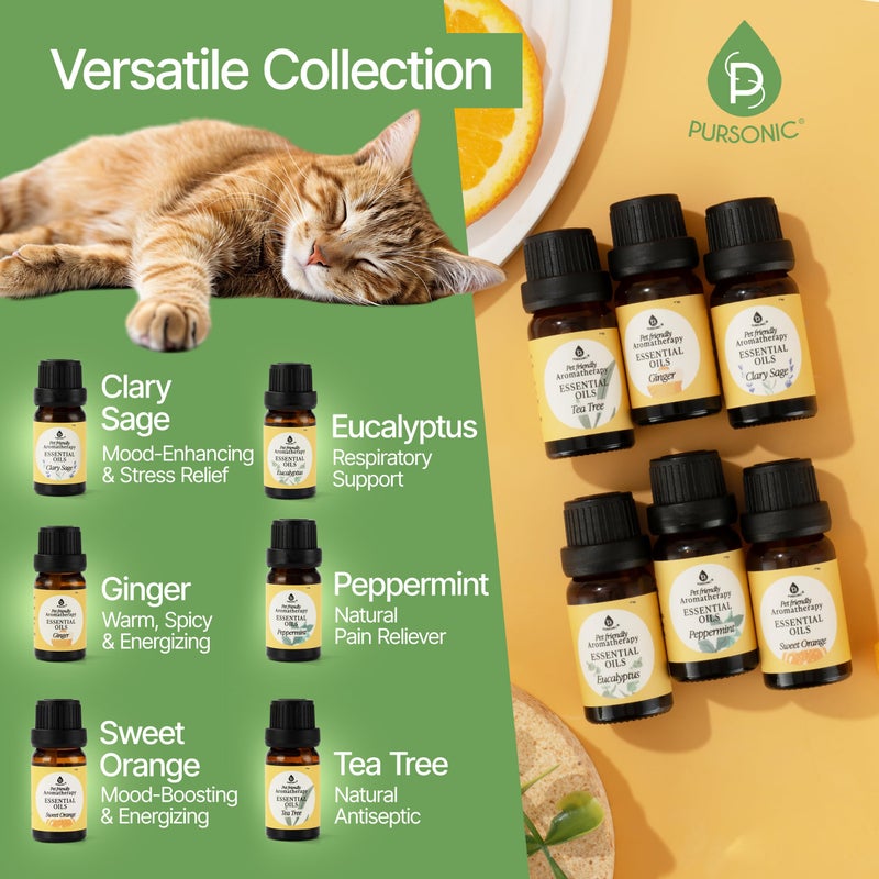 Pursonic Pet-Friendly Aromatherapy Oil Blends, 6-Piece Set with Eucalyptus, Sweet Orange, Peppermint, Clary Sage, Tea Tree, Ginger - Vet-Approved, Pet-Safe Aromatherapy, 10 ML - Image 3