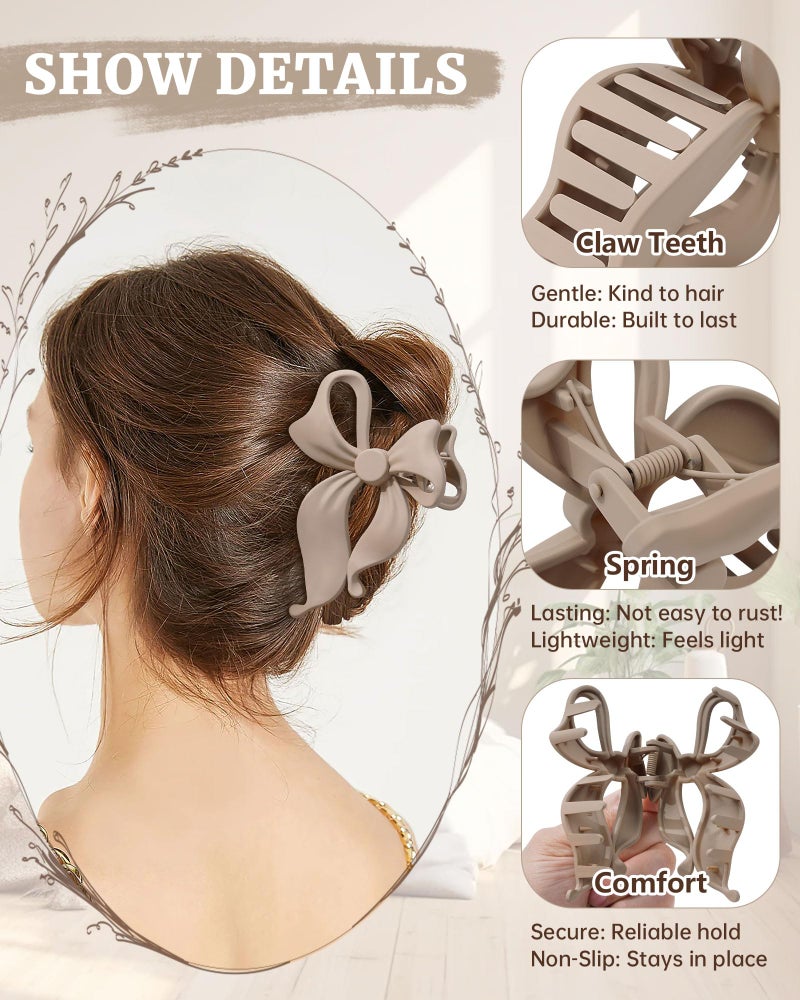 Mesovor 4 pack Cute Bow Claw Clip for Women, Nonslip Large Matte Strong Hold Bows Hair Clips for Thin and Thick Hair | Chic Hair Styling Accessories (4.1" Light Khaki, Dark Khaki, Brown, Black) - Image 3