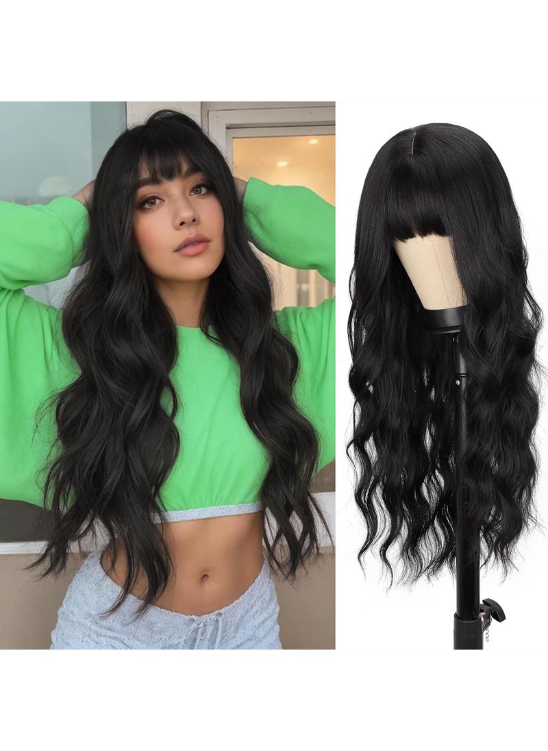 MERISIHAIR MERISIHAIR Black Wig With BangsLong Wavy Wig for Women 26 Inches Synthetic Heat Resistant Natural Looking Realistic Wigs for Daily Party Use 