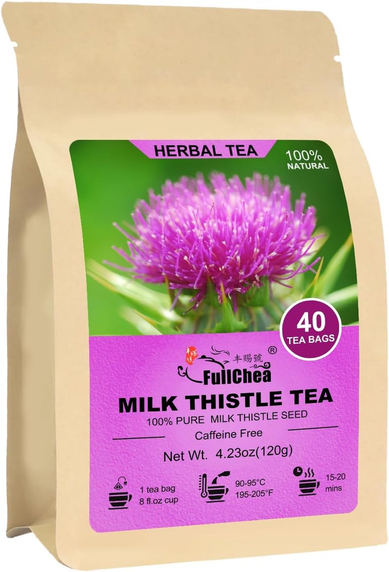 FullChea أكياس شاي حليب الشوك 100% طبيعي من فول تشيا - 40 قطعة، شاي أعشاب خالي من الكافيين - Image 1