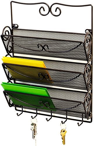 Deco Brothers Wall Mail Organizer with 5 Key Holder, 3 Tier, Bronze - Image 1