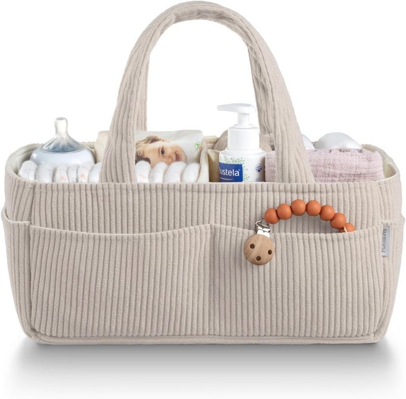 PUTSKA Baby Diaper Caddy Organizer for Changing Table  Stylish Nursery Storage Basket Newborn Essentials Baby Shower Gifts and Registry MustHaves for Boy or Girl Car Diaper Caddy Corduroy Cream - Image 1
