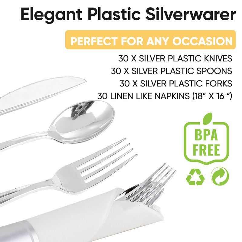 FOCUSLINE 30 Pack Pre Rolled Silver Plastic Silverware  Disposable Cutlery Set- 30 Forks  30 Spoons  30 Knives  30 Napkins  Disposable Heavy Duty Silverware Set for Dinner  Party  Wedding - Image 3